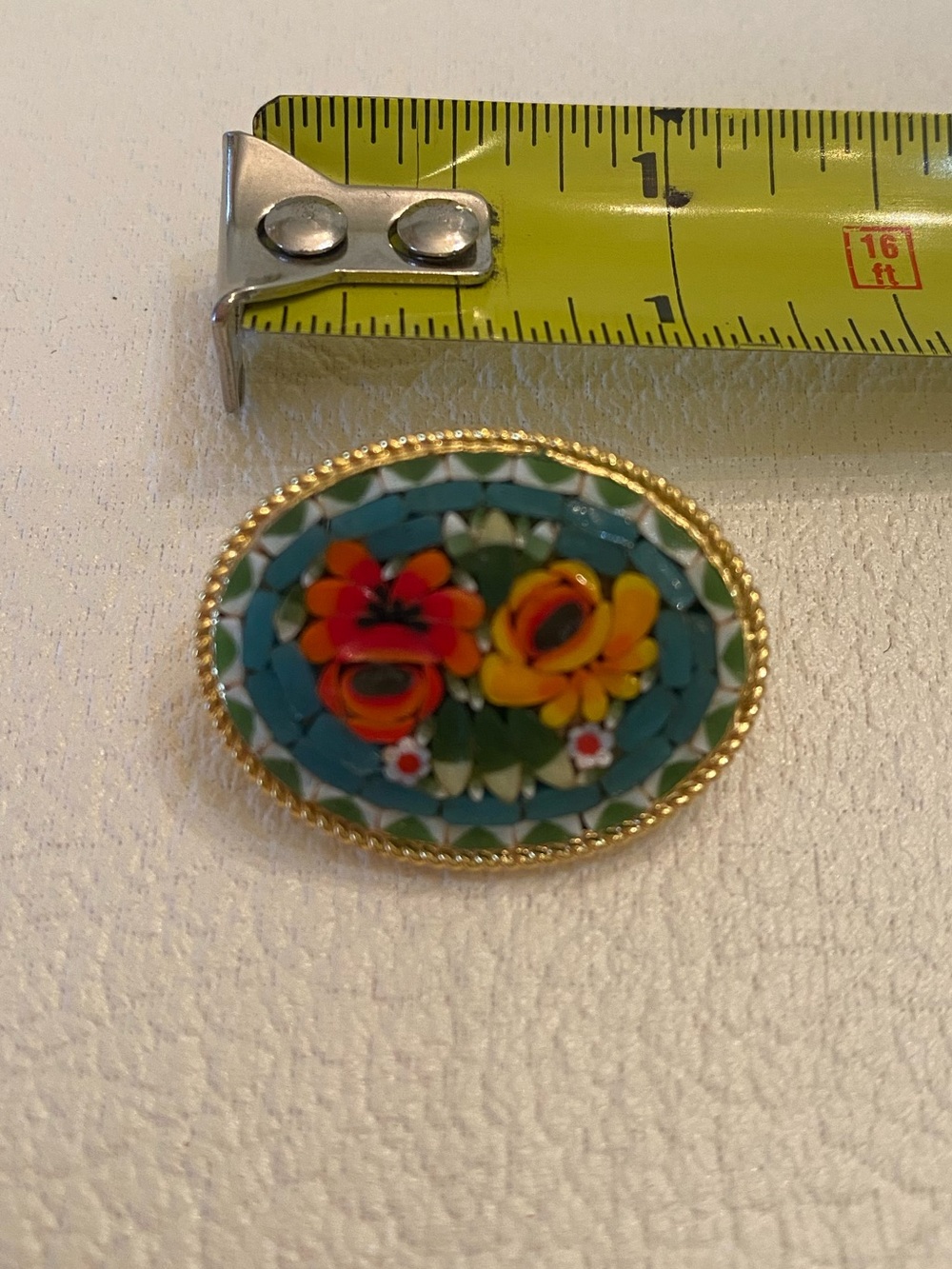Vintage Italian Oval Floral Micro Mosaic Brooch in Turquoise, Yellow & Red